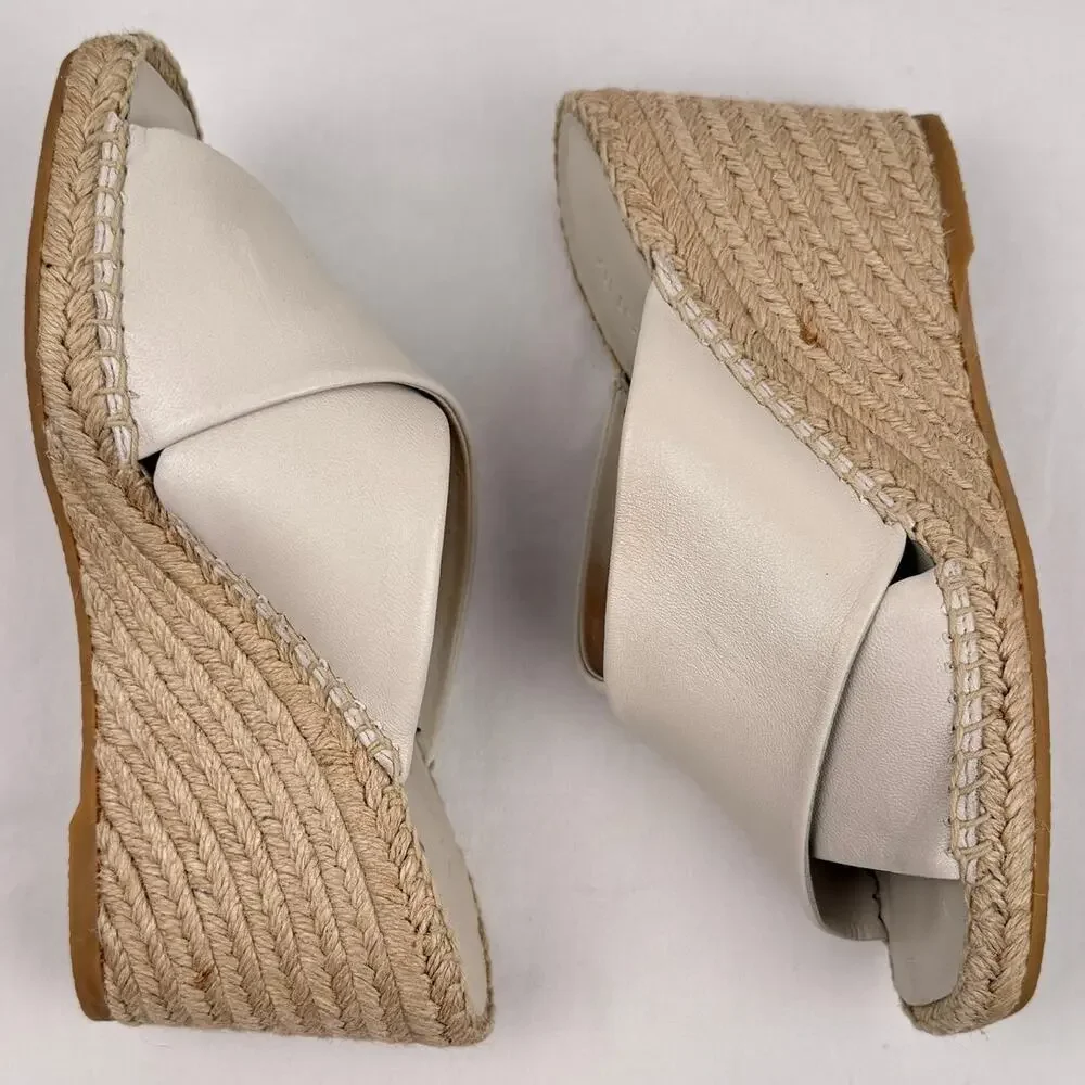 Vince Leather Espadrille Wedge 'Gaelan' Square Toe Sandals Ivory Made in Spain